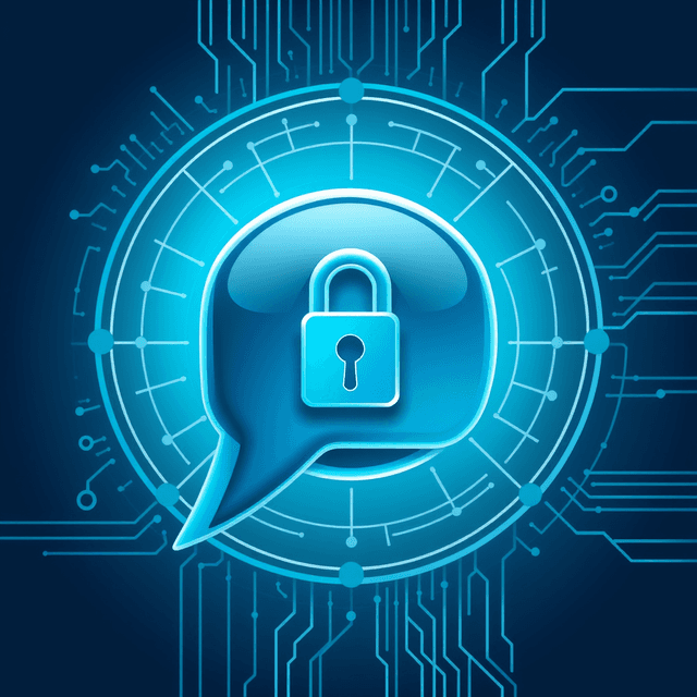 AI, speech bubble, lock, cool blue and teal tones, curious and analytical feel