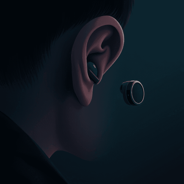earbuds, human ears, technology, wireless audio, dark moody tones, editorial illustration