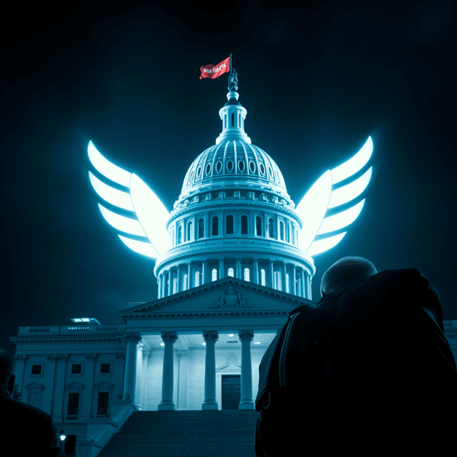 monopoly symbol, government building, tech executive, sharp tech-noir photography style, cool steel blues and white