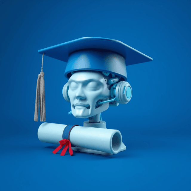 AI model, graduation cap, diploma, cool blue and teal tones, curious and analytical feel