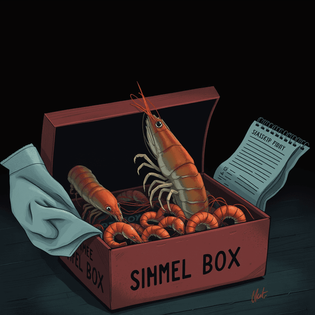 shrimp, subscription box, reclassification, dark moody tones, editorial illustration