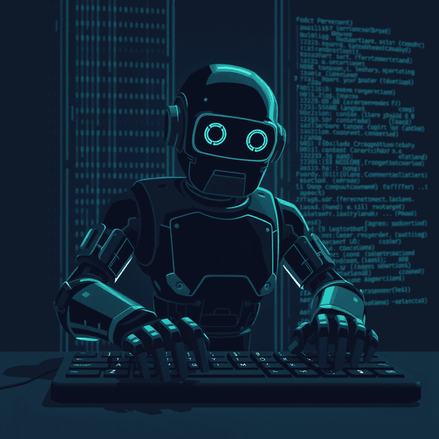resume bot, computer code, keyboard, dark moody tones, editorial illustration