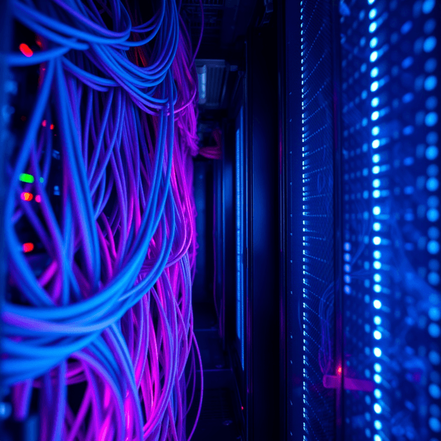server farm, network cables, data flow, sharp tech-noir photography style, cool steel blues