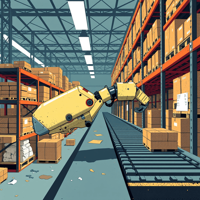 robot arm, warehouse, conveyor belt, pixels, clean editorial illustration, digital decay