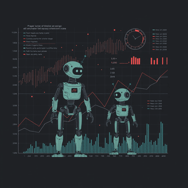 robots, data, charts, dark moody tones, editorial illustration
