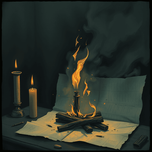 memory, burning paper, ritual, dark moody tones, editorial illustration