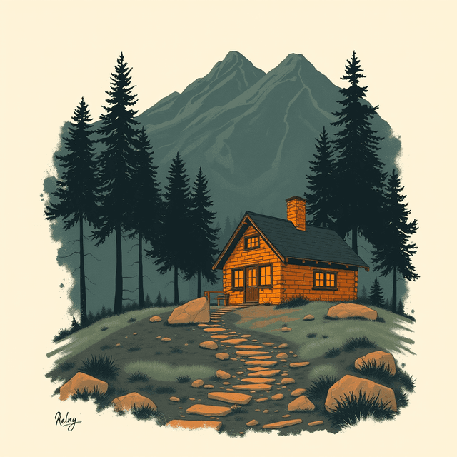 orange bricks, wilderness, remote cabin, dark moody tones, editorial illustration