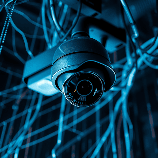 surveillance camera, data streams, abstract network, sharp tech-noir photography style, cool steel blues