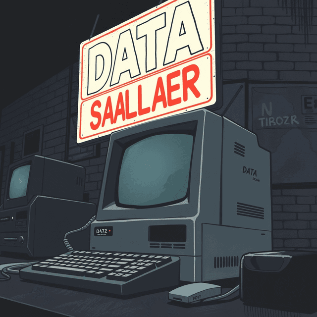 old computer, data stream, bargain sign, dark moody tones, editorial illustration