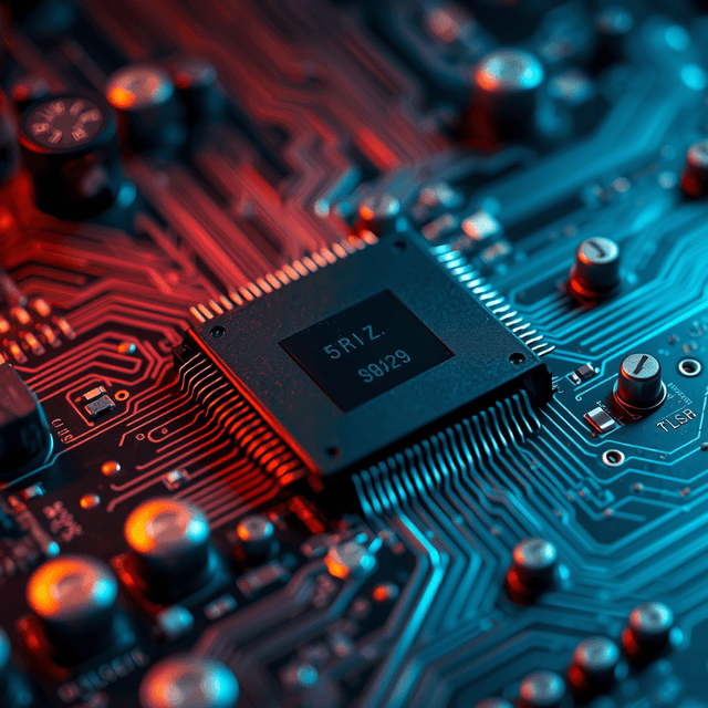 server chip, circuit board, microchip, sharp tech-noir photography style, cool steel blues