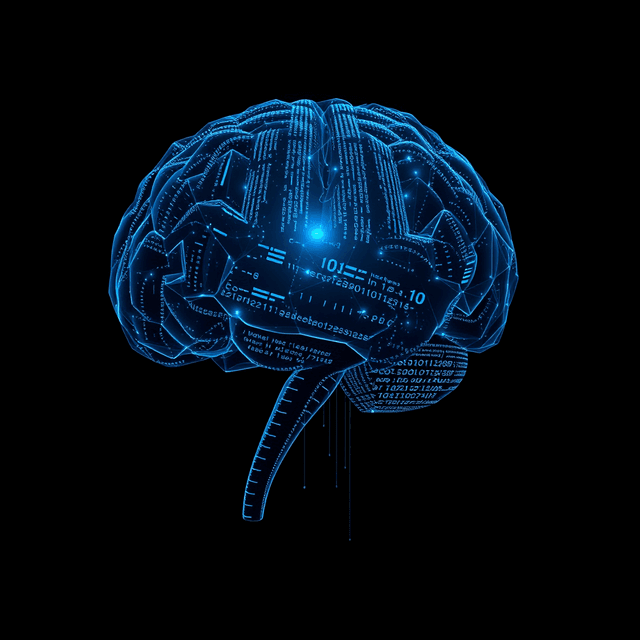AI brain, abstract code, dark background, sharp tech-noir photography style, cool steel blues and white highlights
