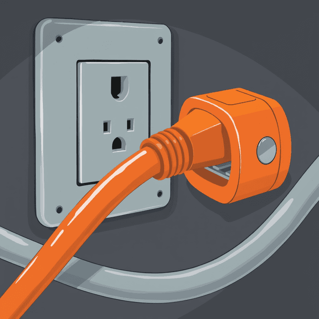 extension cord, orange plastic, electrical outlet, dark moody tones, editorial illustration