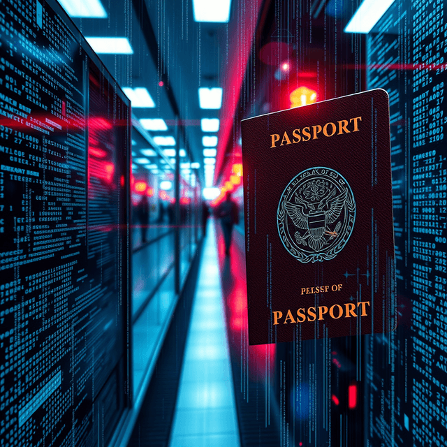 digital passport, species, data streams, sharp tech-noir photography style, cool steel blues