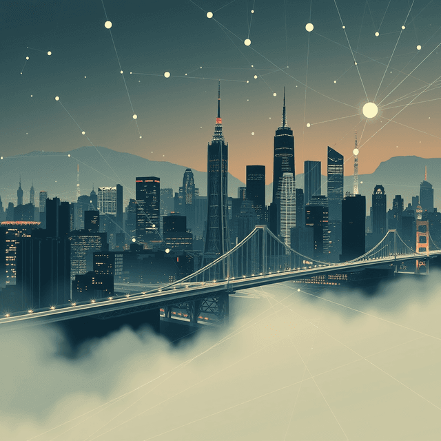San Francisco skyline, futuristic architecture, abstract network, dark moody tones, editorial illustration