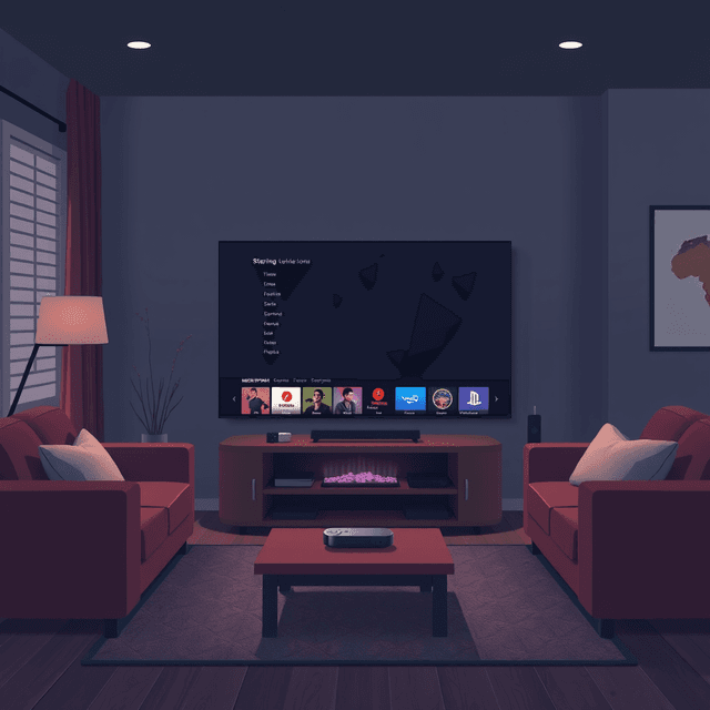 streaming stick, smart TV, living room, dark moody tones, editorial illustration