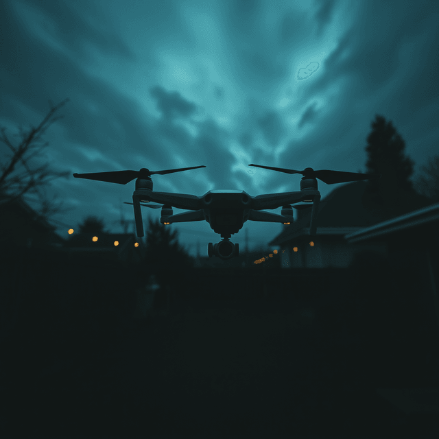 drone, camera, backyard, sky, dark moody tones, editorial illustration