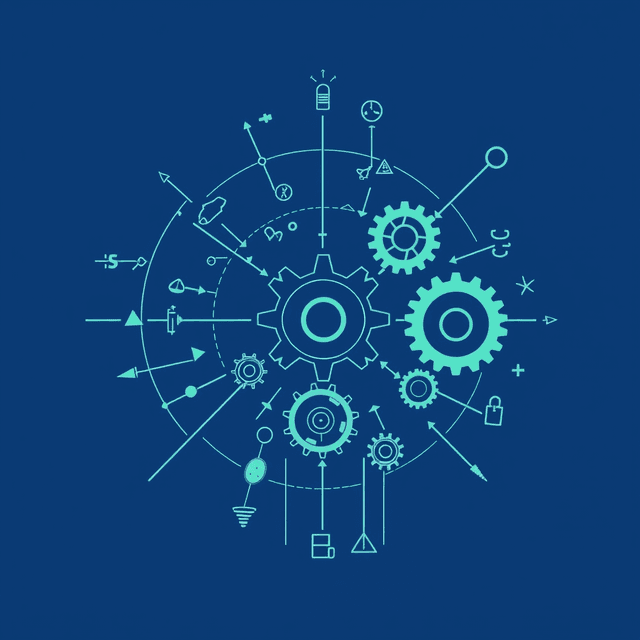 blueprint, logic diagram, abstract symbols, gears, curious and analytical feel, cool blue and teal tones