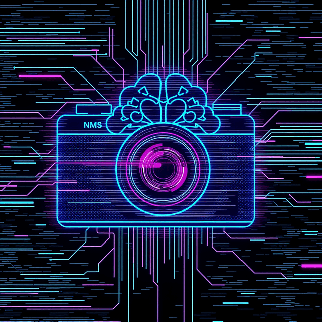 camera, AI brain, copyright symbol, glitch effect, neon cyan accent