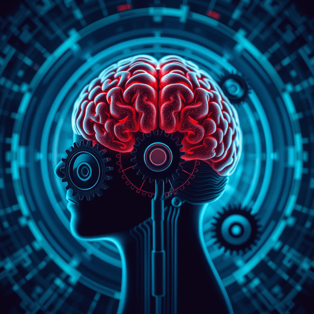 brain scan, gears, gears, curious and analytical feel, cool blue and teal tones