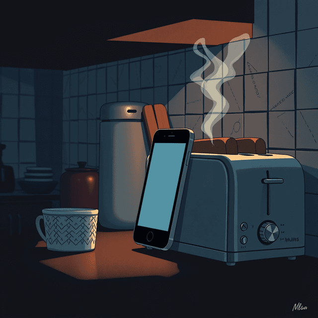 iPhone, toaster, kitchen, dark moody tones, editorial illustration