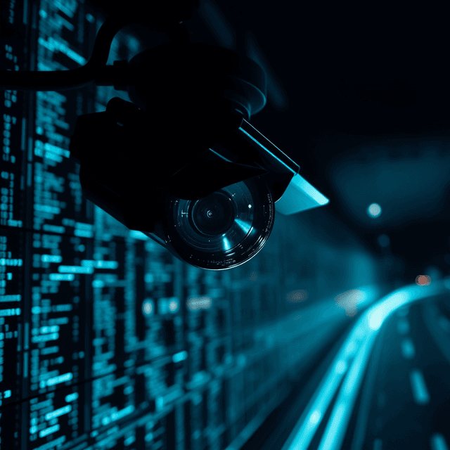 surveillance camera, wiretap, data stream, sharp tech-noir photography style, cool steel blues