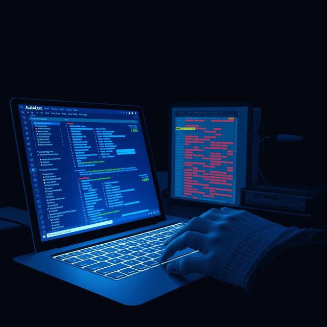 keyboard, glowing screen, spreadsheet, automation, dark moody tones, editorial illustration