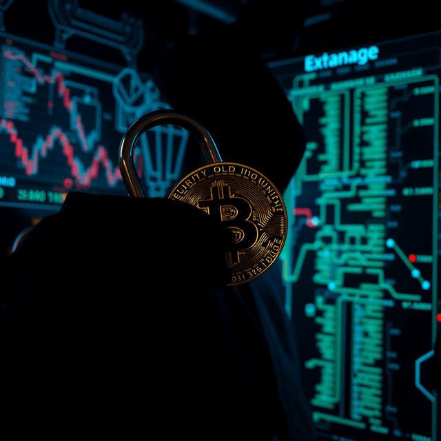 cryptocurrency exchange, stolen digital assets, security breach, cool steel blues, sharp tech-noir photography style