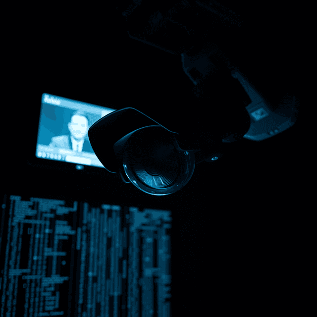 surveillance camera, data stream, dark room, sharp tech-noir photography style, cool steel blues