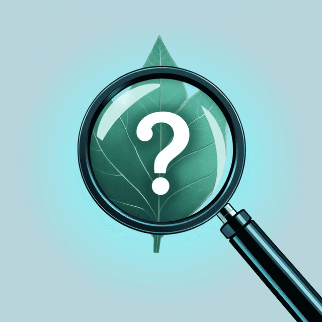 leaf, magnifying glass, question mark, botanist, clean editorial illustration, digital decay, smooth gradients, scan line