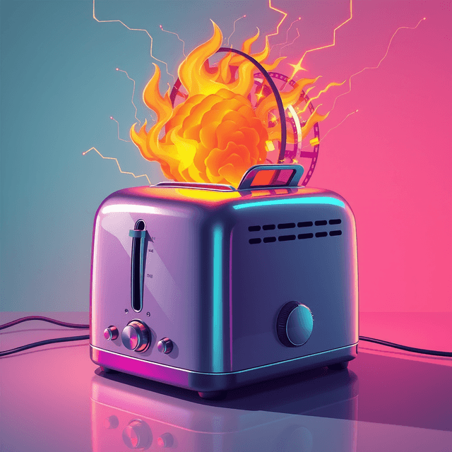 toaster, film reel, electrical fire, AI brain, clean editorial illustration, digital decay, scan lines, chromatic