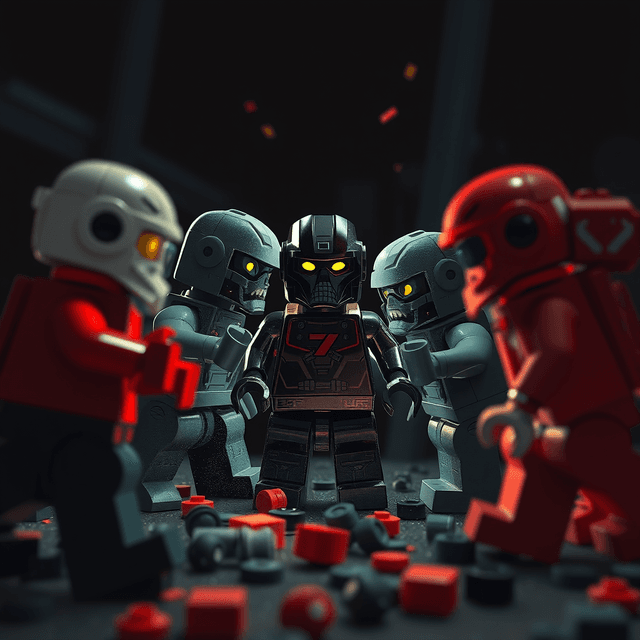 plastic bricks, animated conflict, AI art, toy blocks, dark moody tones, editorial illustration