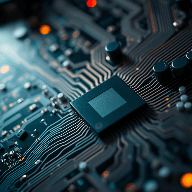 microchip, circuit board, data stream, sharp tech-noir photography style, cool steel blues