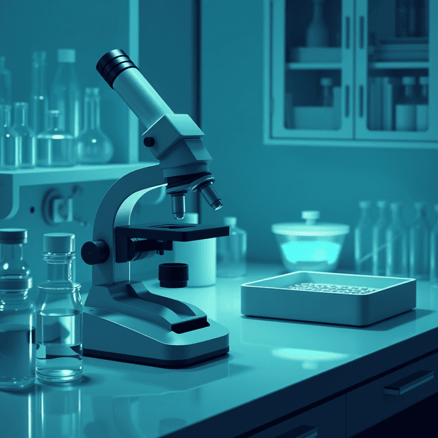 lab bench, petri dish, microscope, cool blue and teal tones, curious and analytical feel