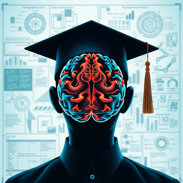 brain scan, test paper, graduation cap, blueprint, curious and analytical feel, cool blue and teal tones