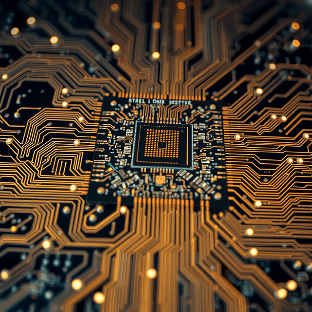 AI core, circuit board, data flow, sharp tech-noir photography style, cool steel blues