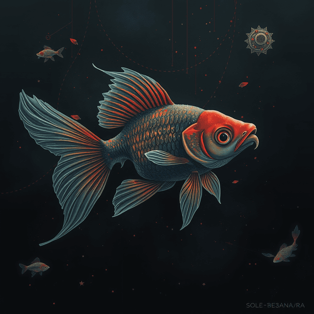 Sora AI, dead pixels, goldfish, dark moody tones, editorial illustration