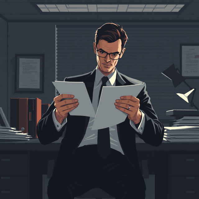 business executive, shuffling papers, office desk, dark moody tones, editorial illustration