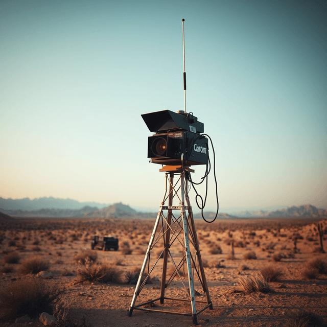 camera, trash, sensor tower, desert landscape, sharp tech-noir photography style