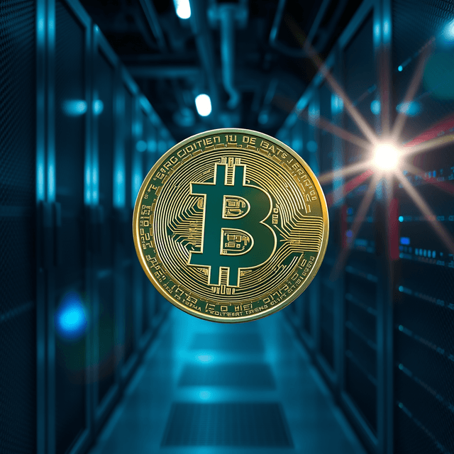 cryptocurrency exchange, digital coin, server room, cool steel blues, lens flare accents