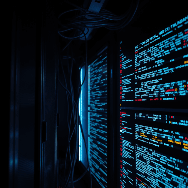 server, code, network, sharp tech-noir photography style, cool steel blues