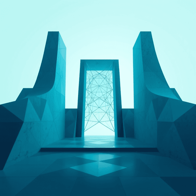 threshold logic gate, geometric shapes, high dimensions, curious and analytical feel, cool blue and teal tones