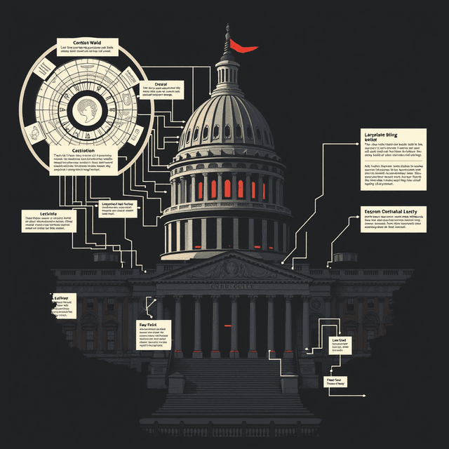 government building, abstract diagram, complex system, dark moody tones, editorial illustration
