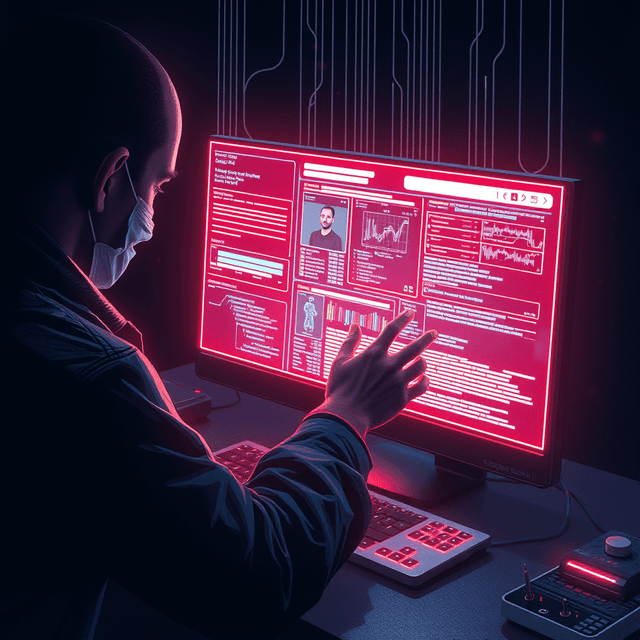 gestural programming, glowing interface, coding, dark moody tones, editorial illustration