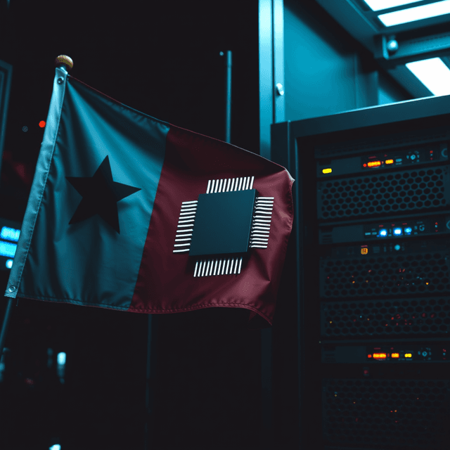 flag, microchip, server, sharp tech-noir photography style, cool steel blues
