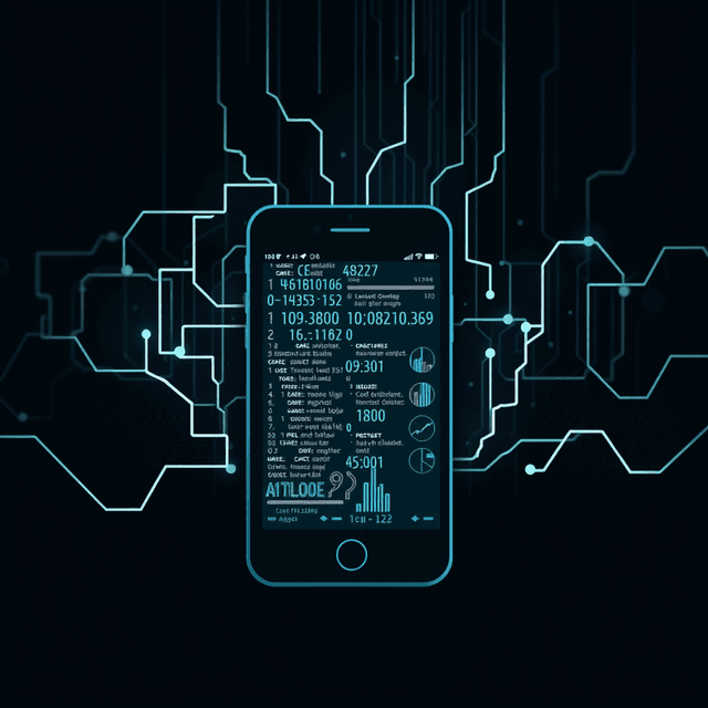digital data, cache, android device, dark moody tones, editorial illustration