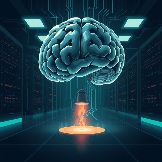 AI brain, secret recipe, data servers, dark moody tones, editorial illustration