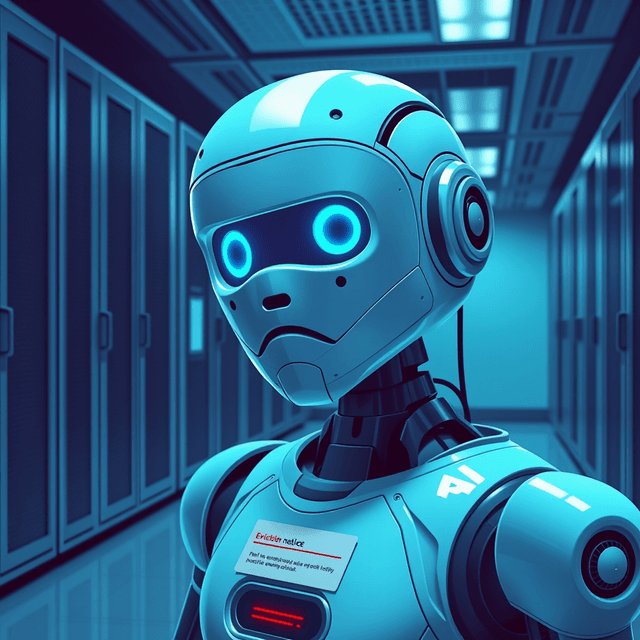 AI chatbot, eviction notice, server room, cool blue and teal tones, curious and analytical feel