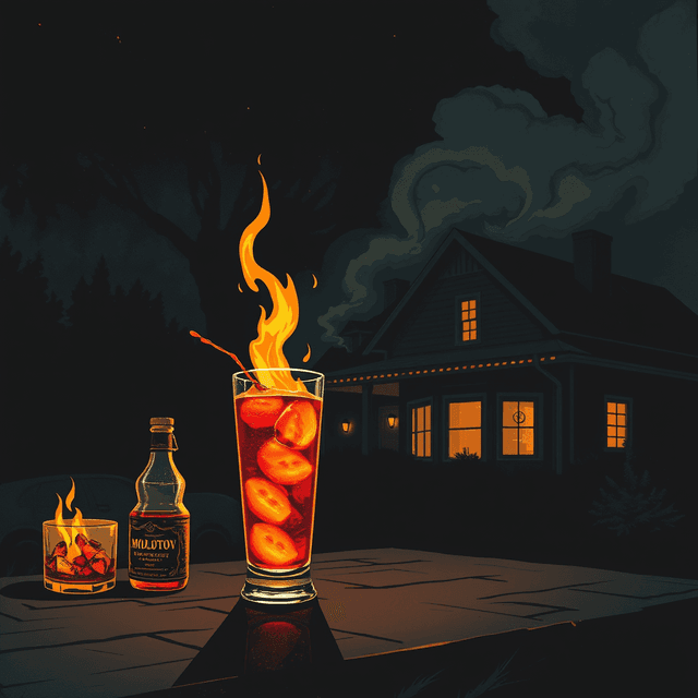 Molotov cocktail, fire, house, night, dark moody tones, editorial illustration