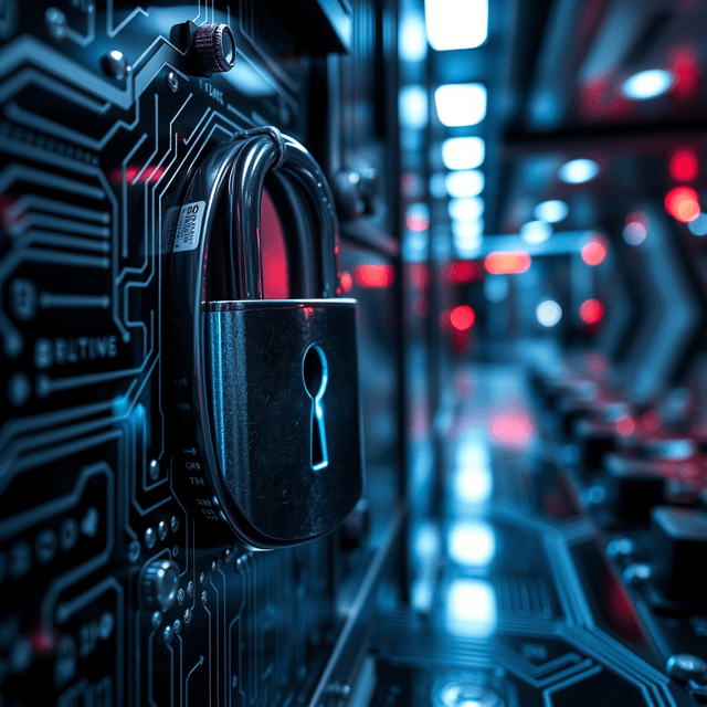 digital lock, data stream, circuit board, sharp tech-noir photography style, cool steel blues