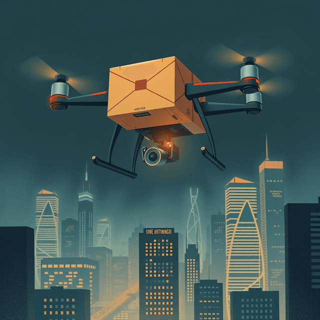 delivery drone, package, cityscape, technology, dark moody tones, editorial illustration